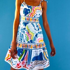 Farm Rio Wild Brazil Mini Dress with Shoulder Tie Size S Blue White Multicolor